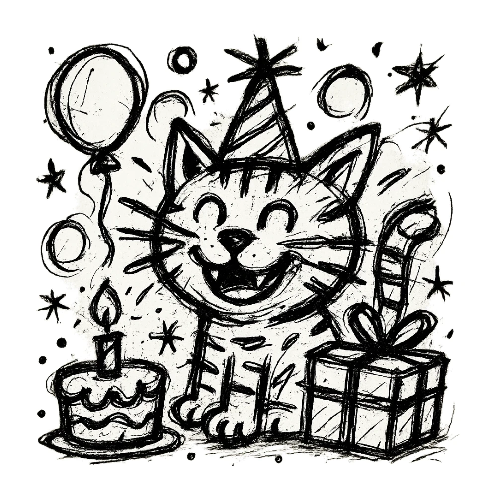 chaotic outlined icon of a ginger tabby kitten wearing a birthday hat, surrounded by a birthday cake, balloons, gifts, and a happy expression sticker