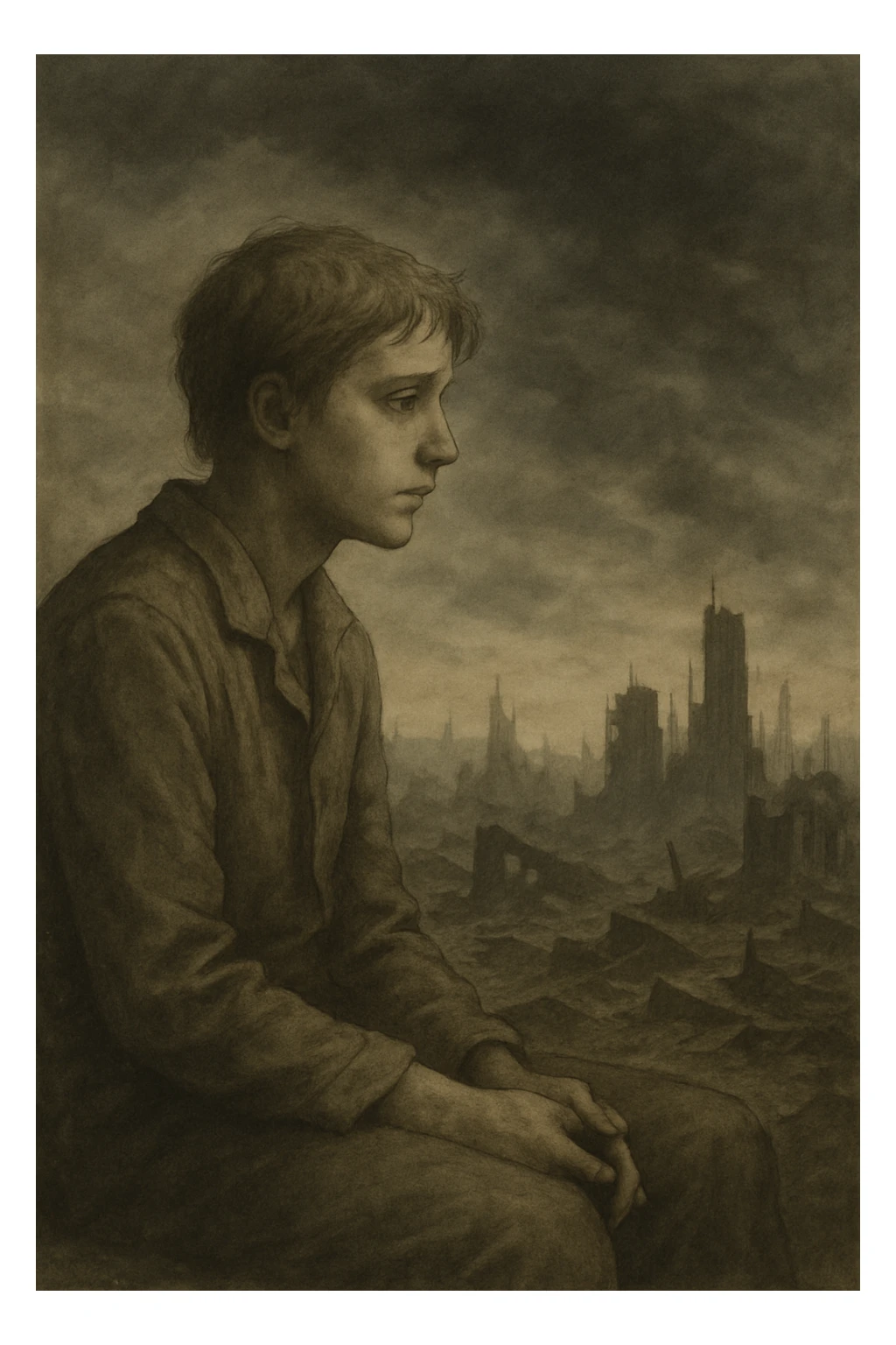 A person sitting peacefully, gazing at a distant apocalyptic landscape, with a calm expression and a subtle hint of sadness in their eyes, muted colors, gentle lighting, end-of-the-world theme. sticker