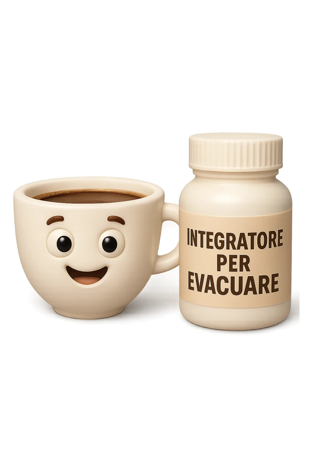 EMOJI STILE IPHONE 3D DI un caffè e di una boccetta di integratore con la scritta "INTEGRATORE PER EVACUARE" SULL'ETICHETTA, iperrealistico 4k sticker