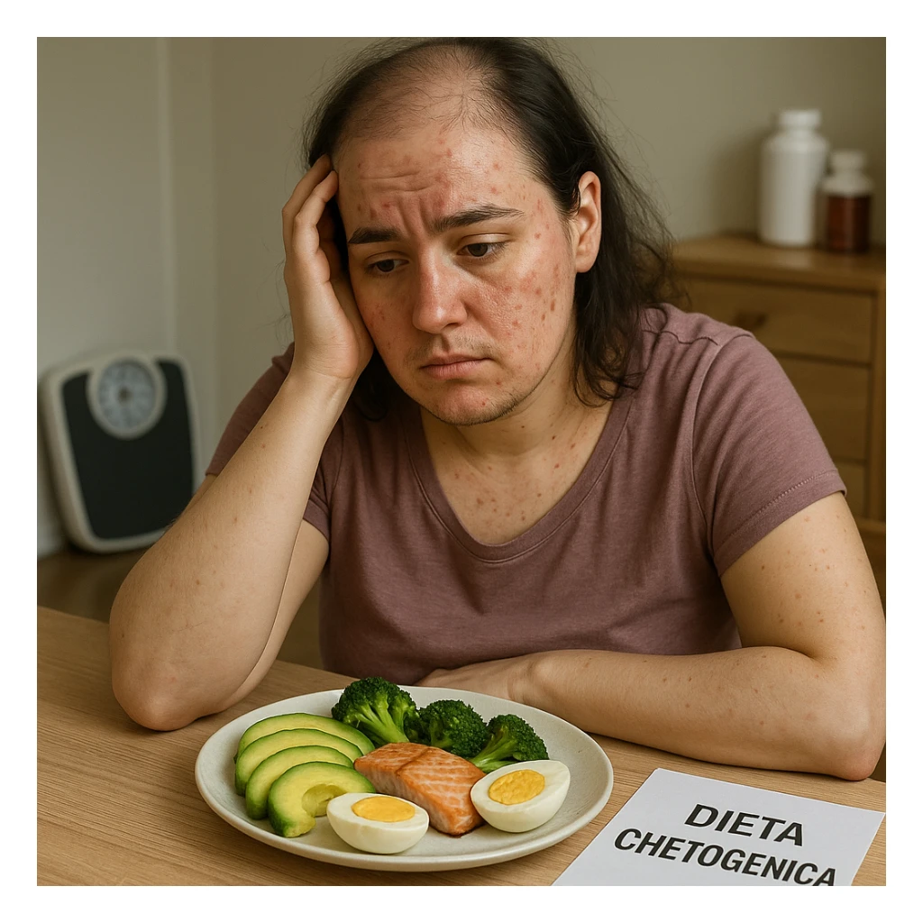 hyperrealistic 4K image of a woman with PCOS sitting at a table, face with acne and chin hair, thinning hair, ketogenic plate in front, hand holding her head, disappointed look, sheet with the text 'DIETA CHETOGENICA', weighing scale and supplements in the background, realistic domestic environment. sticker