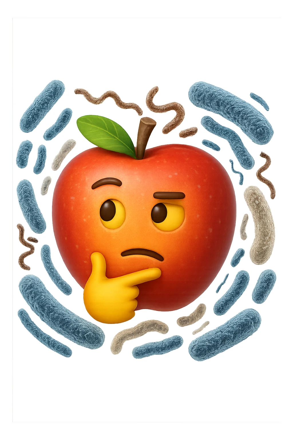 EMOJI STILE IPHONE DI una mela con espressione dubbiosa che intorno ha dei batteri intestinali, IPERREALISTICO 4K sticker