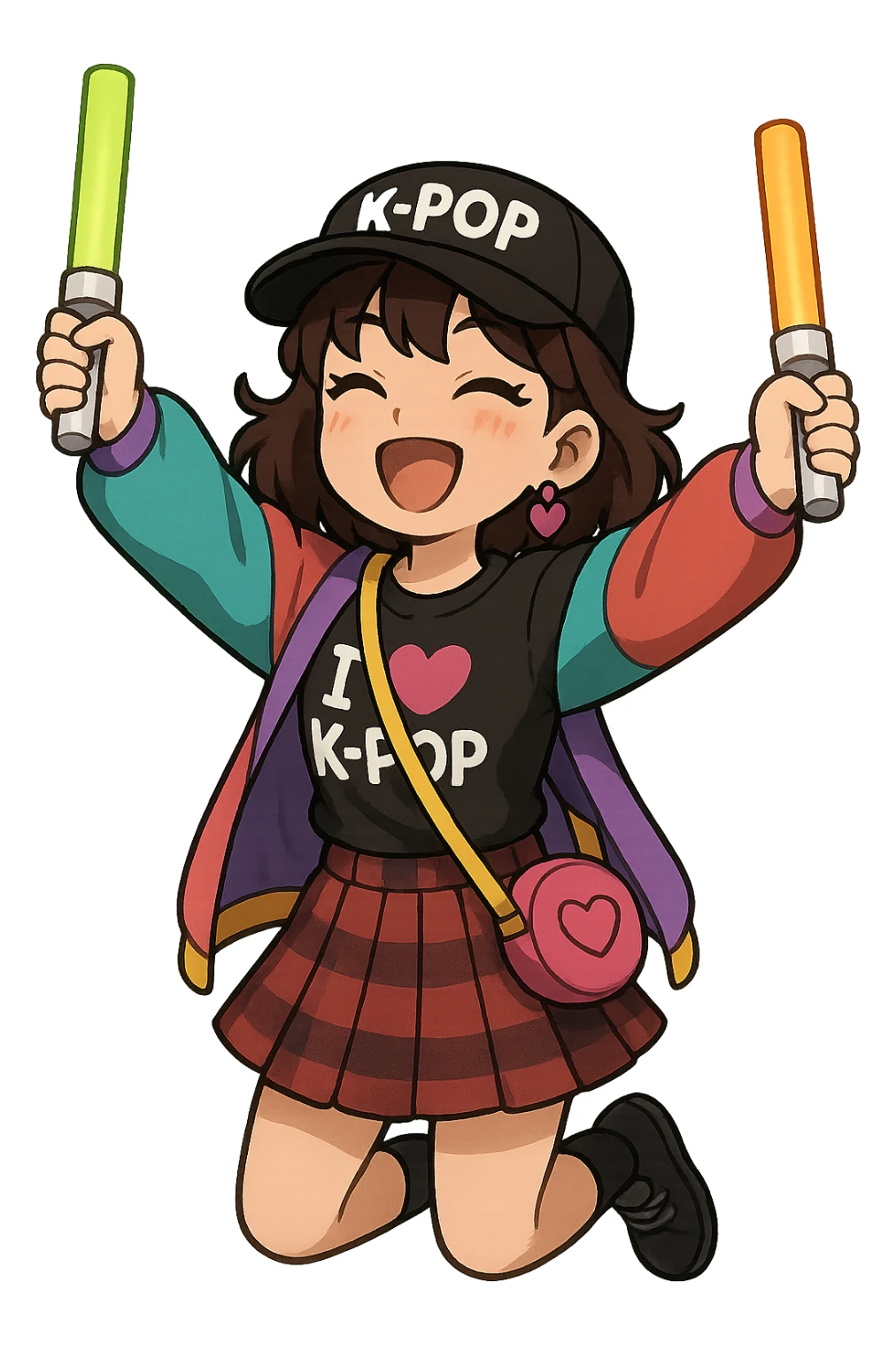 kpop fan cheering with glowsticks, cute sticker