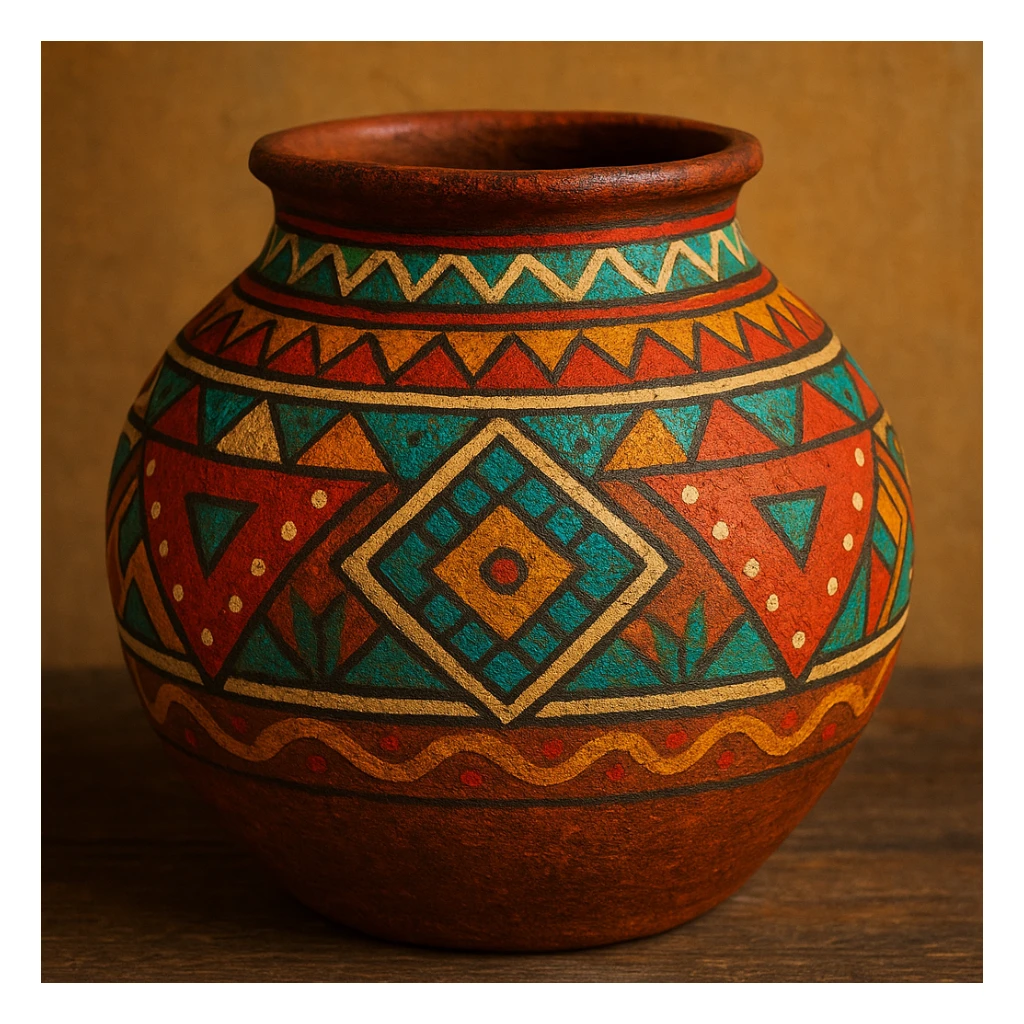 a traditional clay pot with painted geometric patterns, folk art style sticker