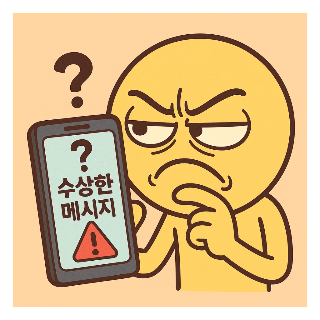 cartoon emoticon character with a suspicious expression, squinting at a smartphone, phone shows a message with Korean text '수상한 메시지' or '경고!', a big question mark, and a red exclamation mark, flat, bright, simple, pastel background, 360x360px, PNG sticker