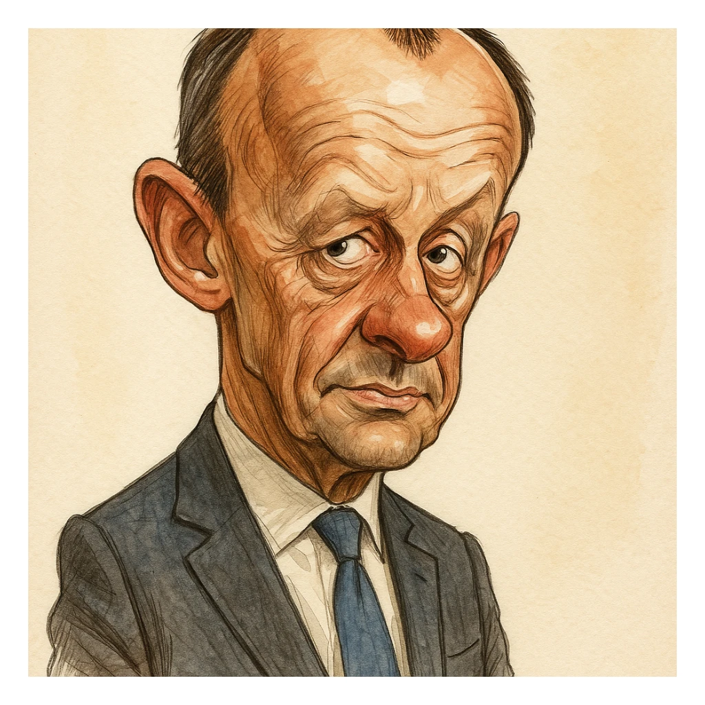 Friedrich Merz, German politician, in a suit, caricature style, exaggerated features sticker