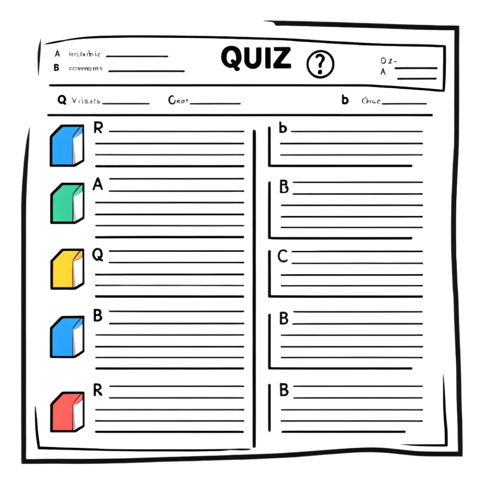 quiz paper with options a) and b) clearly visible, multiple choice answer sheet sticker