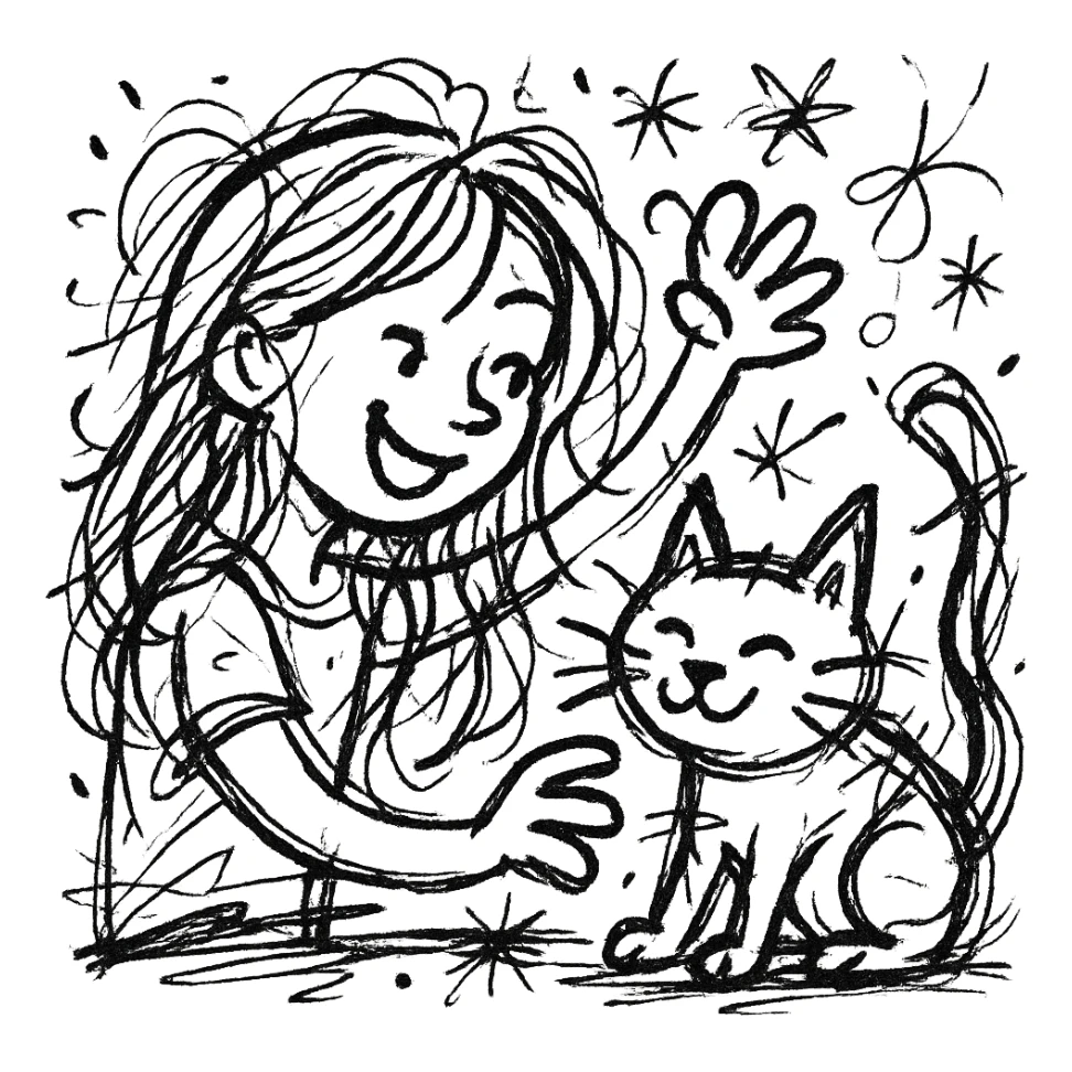 beautiful girl with long hair playfully interacting with a cute cat, wild scribbled lines and whimsical details sticker
