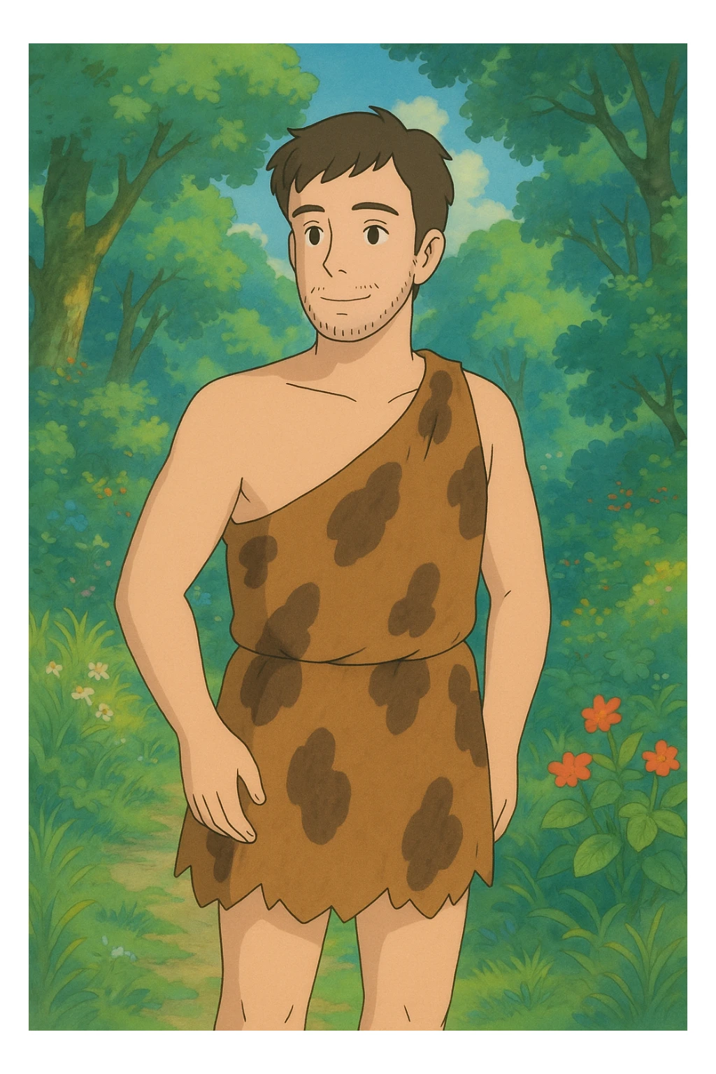 modern man in a caveman costume, soft colors, gentle expression sticker