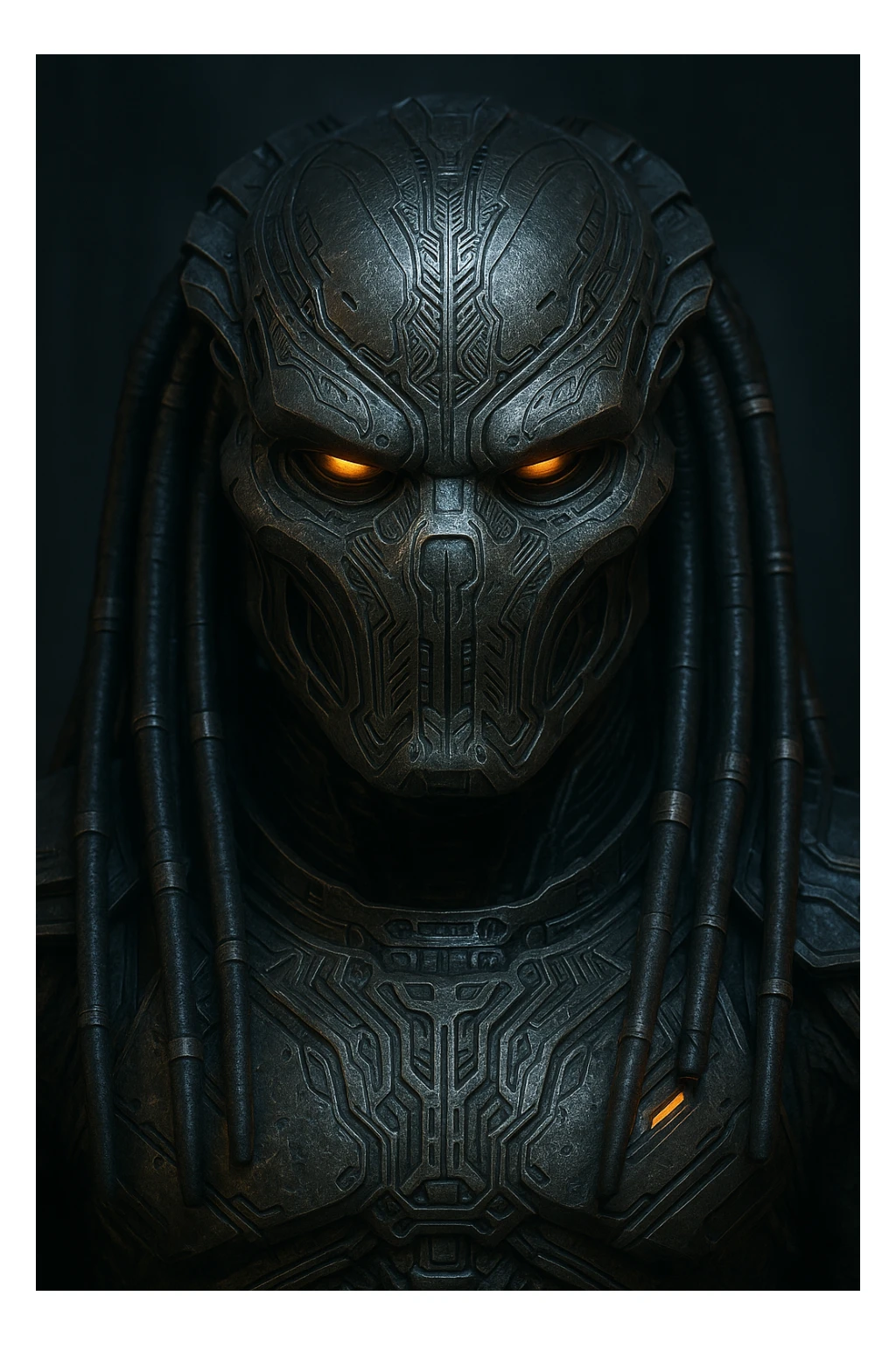 Yautja (Predator) mask with a calm, stoic expression, detailed sci-fi design sticker