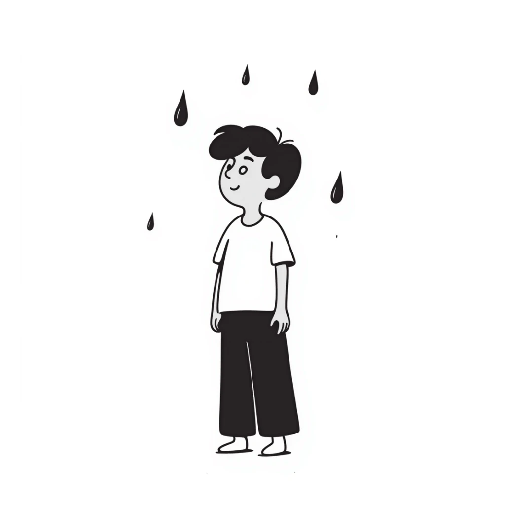 Lonely boy standing in the rain, raindrops falling around him sticker