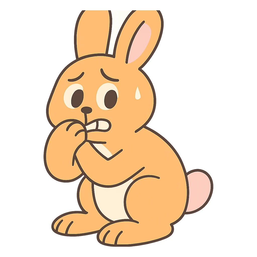 apricot bunny biting paw nervously, full body, pastel-toon style, flawless appearance, no imperfections sticker