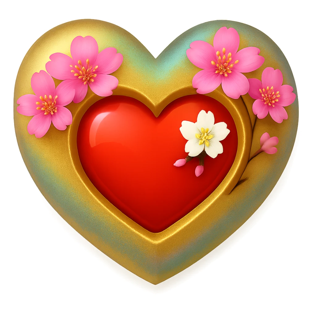 Make the sakura petals huge, keeping the gold, silver, and rainbow shimmer highlights on the heart with a sakura blossom overlay. The style should resemble apple emoji style with no background. sticker