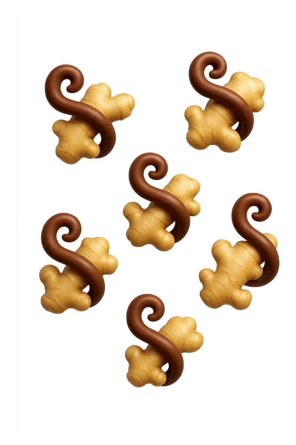 emoji stile iphone 3d di 6 piccoli pezzi di zenzero che fluttuano in aria con pezzi di colon arrotolati intorno, iperrealistico 4k sticker