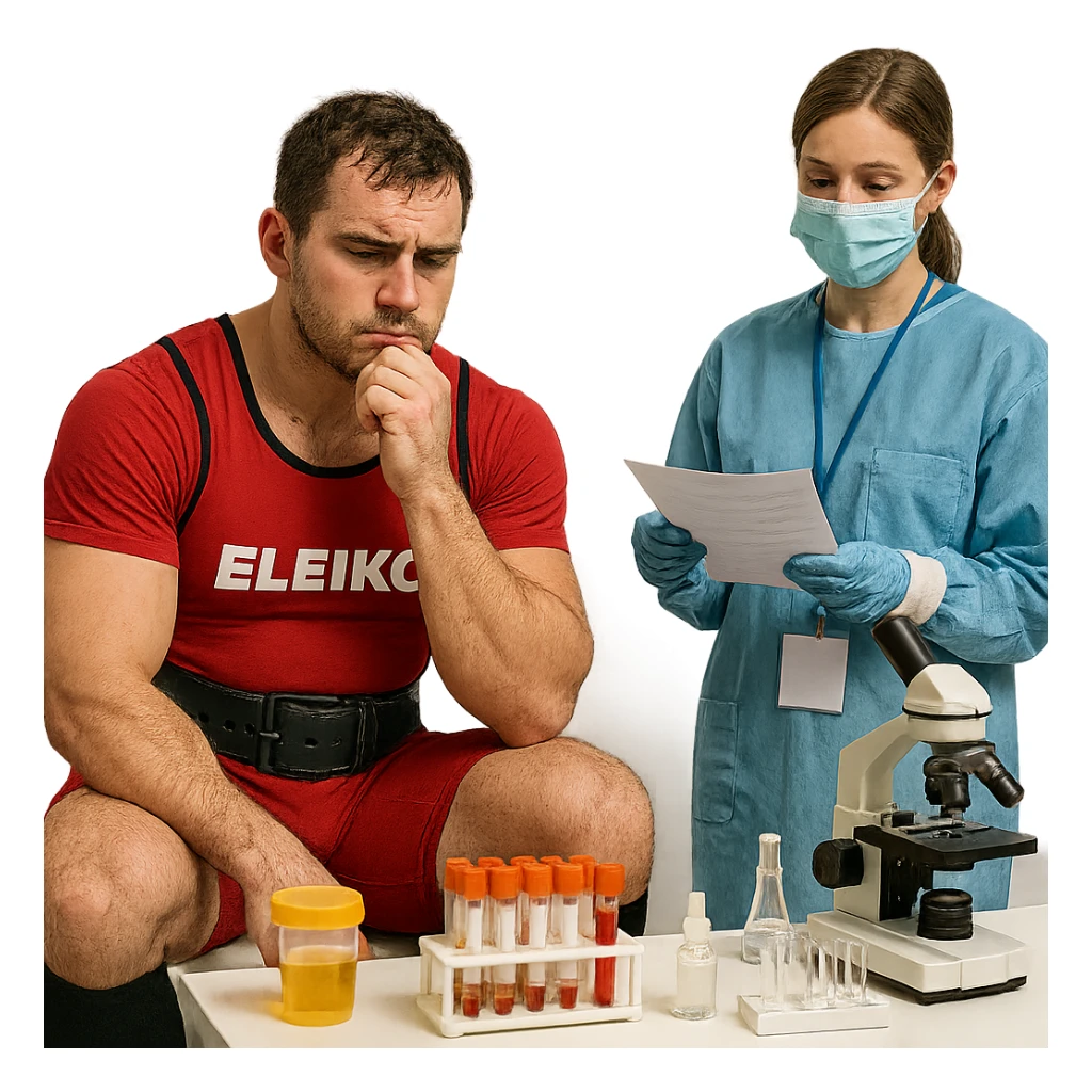 European powerlifter in competition, waiting for anti-doping test result, thoughtful look, medical staff and laboratory instruments, realistic atmosphere, isolated on white background sticker