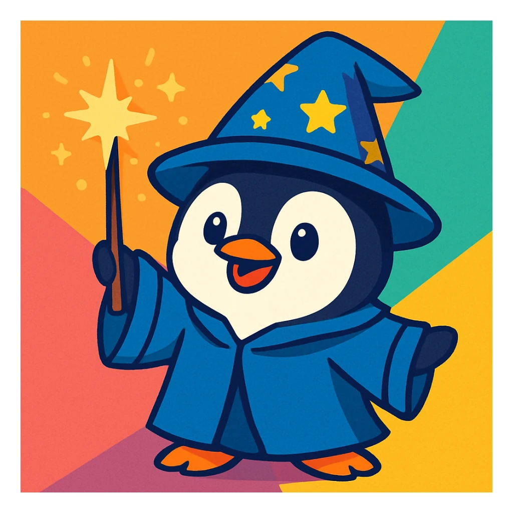 a cute penguin wizard casting a spell, wearing a robe and holding a wand, in a cartoon style sticker