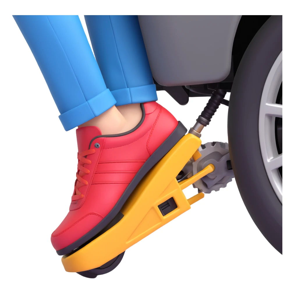 A clean 3D emoji-style illustration of a single right foot pressing down on gas pedal. Only the foot and the pedal are shown, viewed from the side. The pedal is slightly tilted to show pressure. No background, simple colors, minimal details sticker