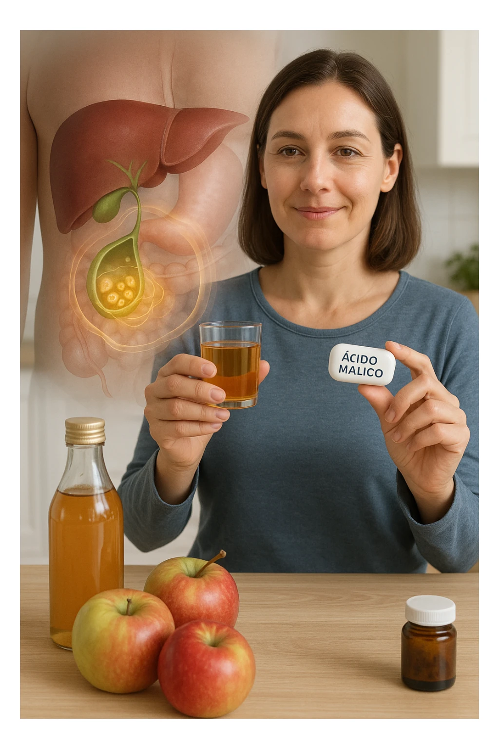 A detailed, realistic illustration or photo-style image showing a person holding a small glass of apple cider vinegar in one hand and a capsule labeled ‘Acido Malico’ in the other. In the foreground or as an overlay, a semi-transparent anatomical view of the abdomen highlights the gallbladder with visible small gallstones inside. Around the gallstones, gentle glowing waves or soft dissolving effects symbolize the softening or breakdown of the stones due to the natural acids. The person looks hopeful and calm, in a bright kitchen setting with fresh apples and natural health products on the counter. The overall mood is informative, natural, and hopeful about non-invasive, natural support for gallstone health sticker