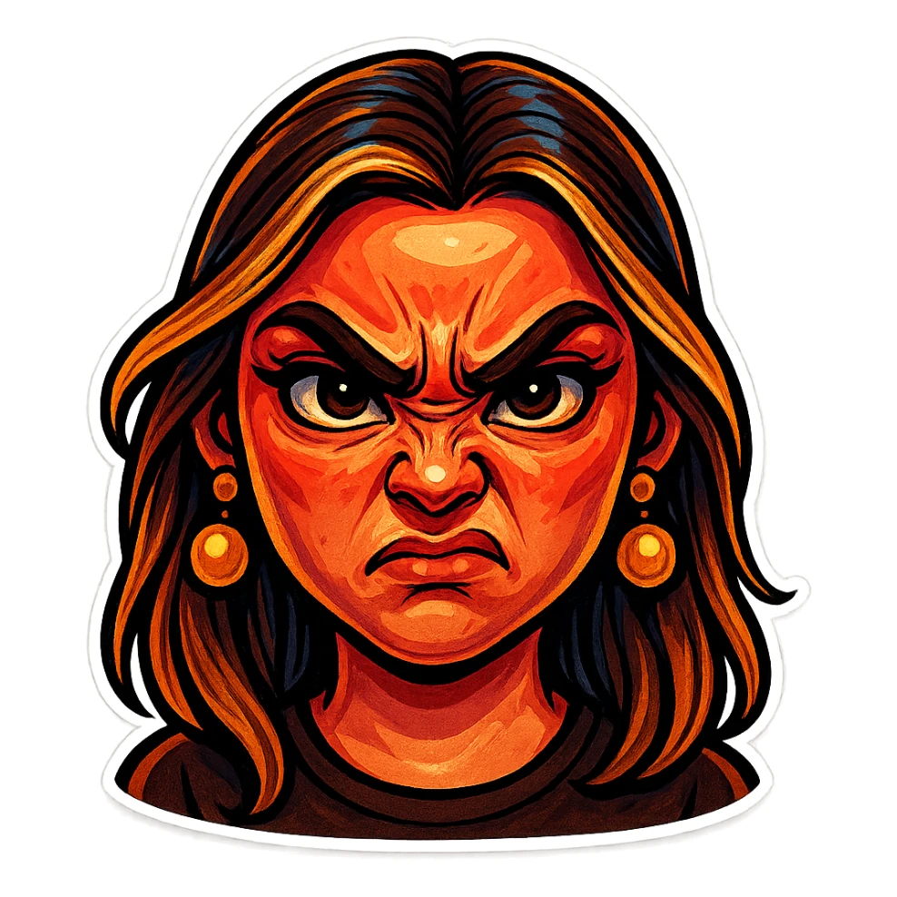 Create a cartoon sticker with an angry expression in the style of Flux Pro, with a transparent background. The style should reflect the vibrant and detailed characteristics of Flux Pro style. sticker