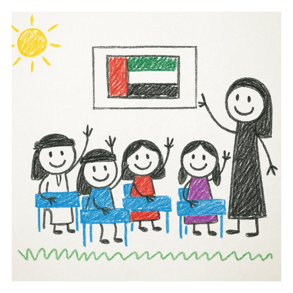 classroom with Emirati children raising hands to answer a question, teacher smiling, UAE flag displayed on a bulletin board, bright and playful style for children sticker