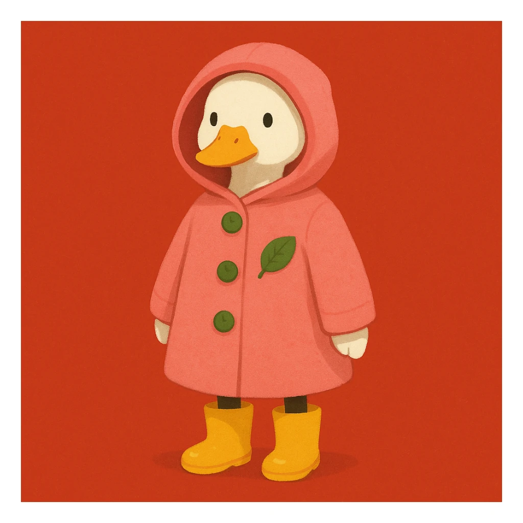 A duck wearing a pink hooded coat with green buttons and a green leaf on the chest, and yellow boots. The background is plain and red. sticker