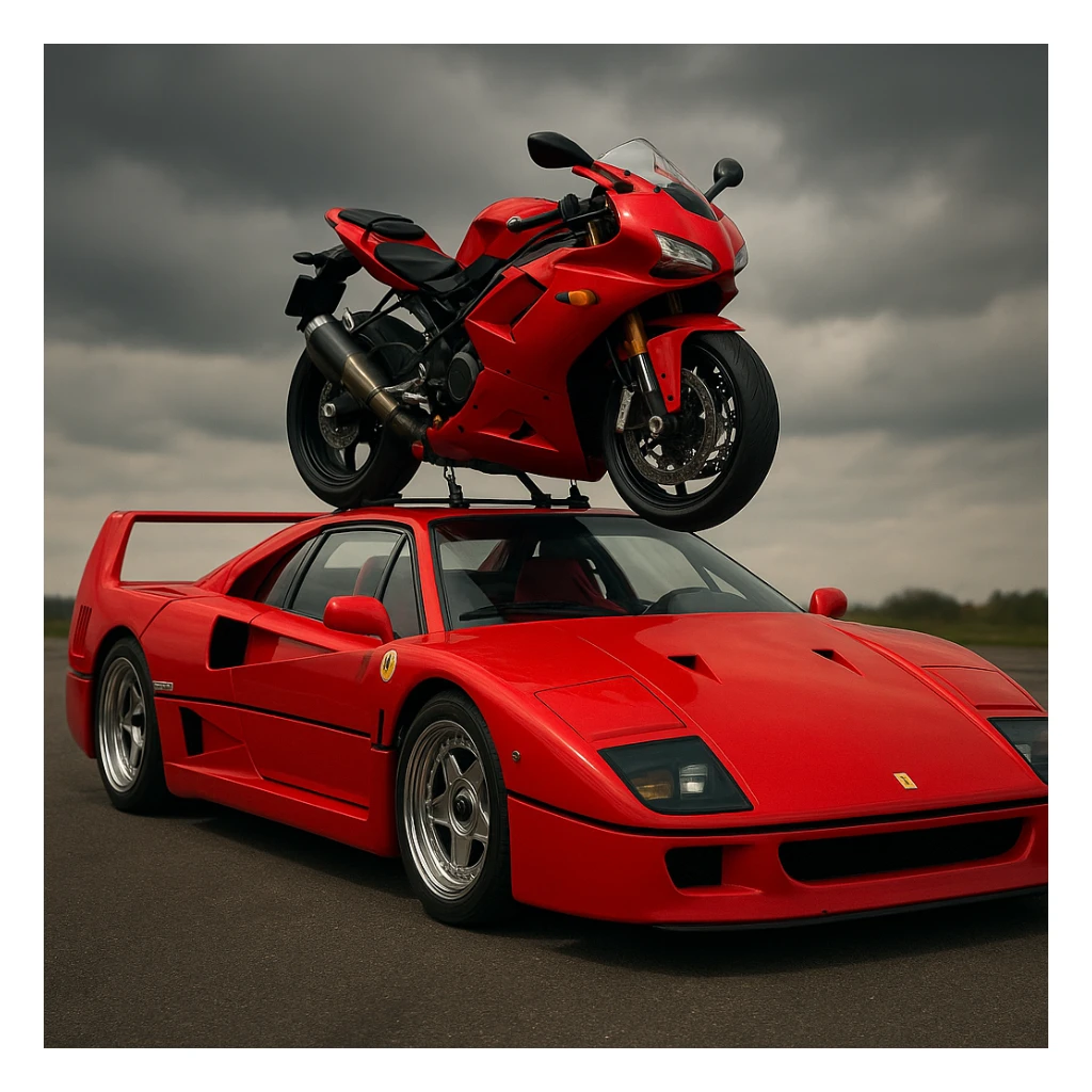 A realistic F40 with a vivid red motorcycle on its roof, dramatic angle. sticker