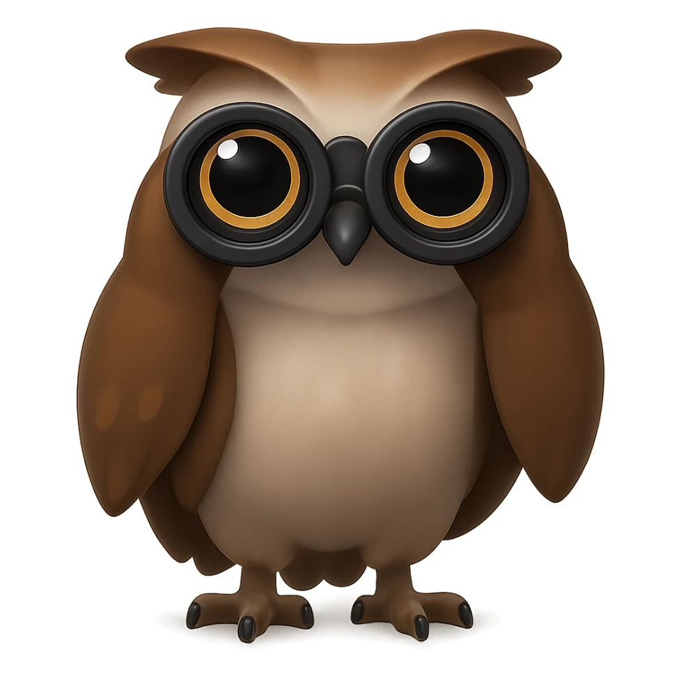 Сова смотрит в прямо на зрителя в бинокль, прозрачный фон sticker