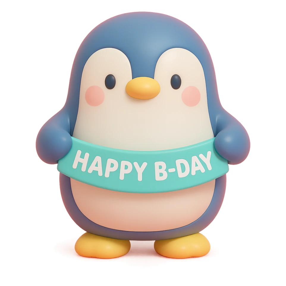 penguin holding a "Happy B-Day" banner, vinyl figure style sticker