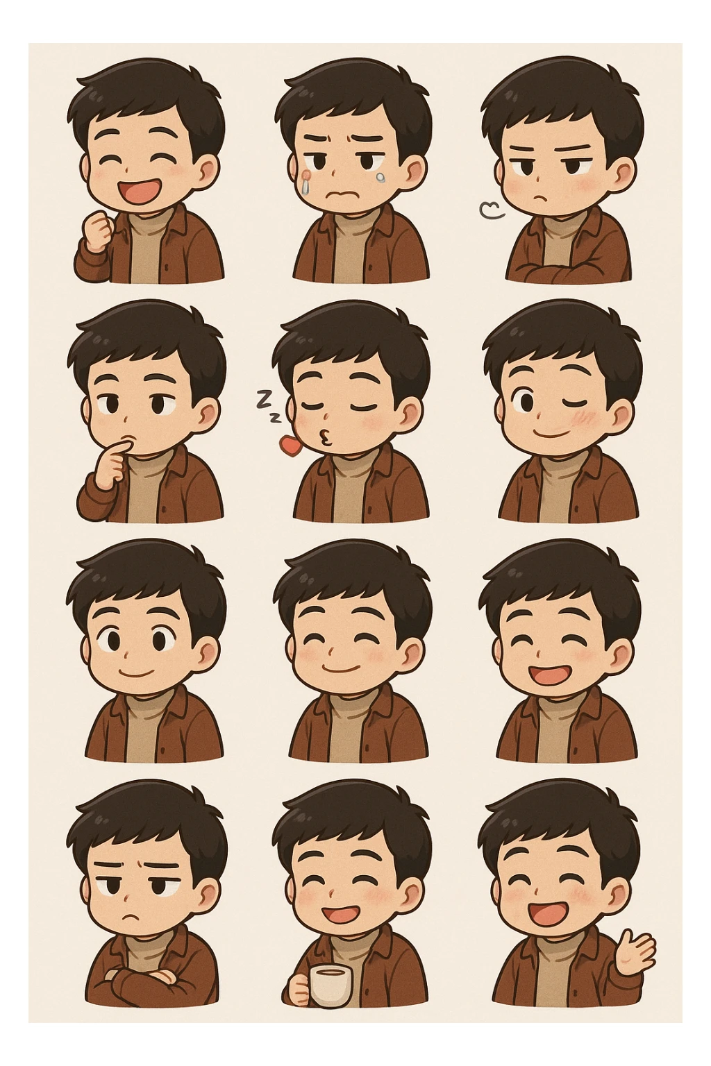 Convert the image into a set of chibi stickers (4x4 grid) outfit similar to this one including expressions of laughing being angry, crying, sulking, thinking, being sleepy, blowing kiss,winking, being suprised sticker