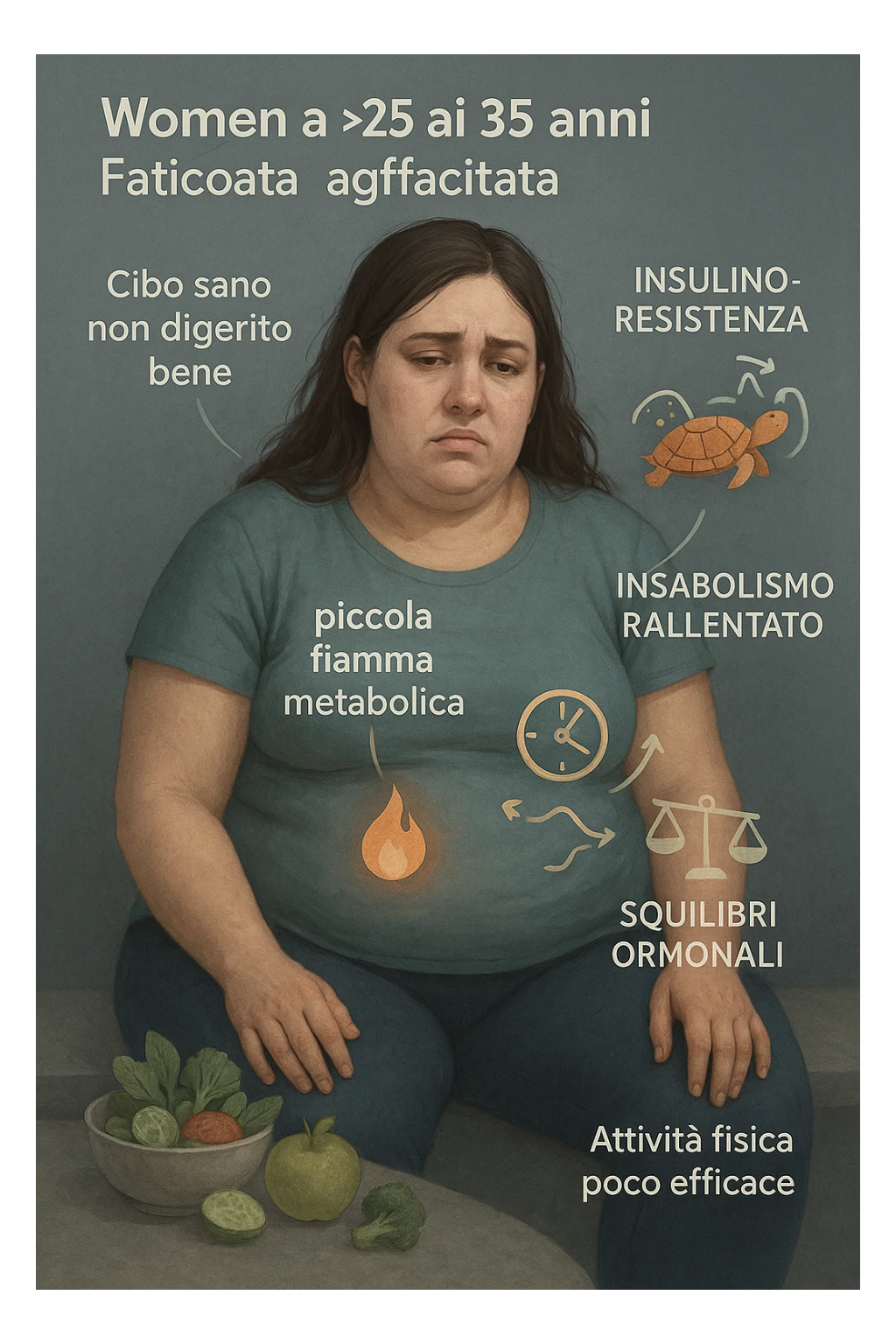 Donna tra i 25 e i 35 anni con fisico leggermente gonfio e postura affaticata, seduta con sguardo stanco. In trasparenza sul suo corpo, si vedono elementi simbolici: una fiamma metabolica molto piccola nel centro dell’addome, una tartaruga accanto a un simbolo di orologio rallentato, indicatori visivi di insulino-resistenza e squilibri ormonali. Intorno a lei: cibo sano non digerito bene, attività fisica poco efficace. Colori spenti attorno al corpo, con toni freddi e lentezza visiva. Stile realistico con elementi infografici e simbolici integrati IN ITALIANO sticker