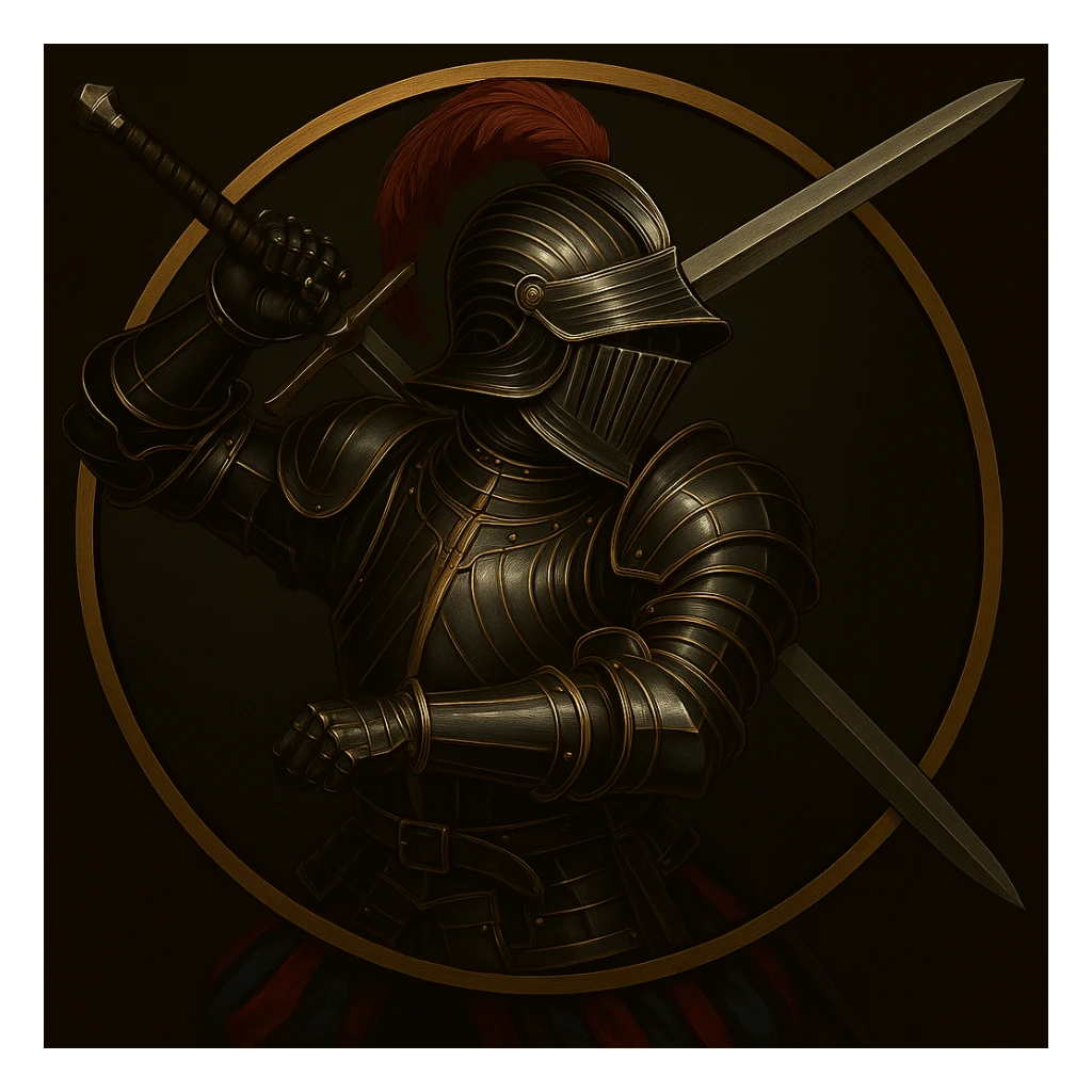 Add a helmet to the landsknecht dopplesoldner, matching the Maximilian German style armour with black and gold accents sticker