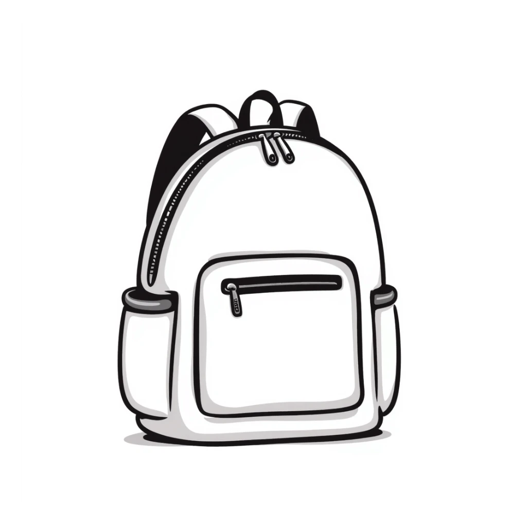 a backpack with pockets, zippers, and straps, in pastel colors dd9fb0, ffc6d3, a3bfc9, c4bee2, f1b091, detailed hand-drawn doodle style sticker