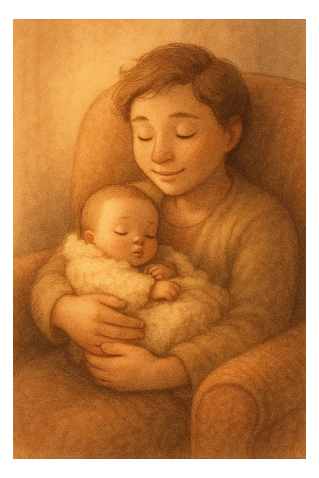 A nurturing illustration of a parent cradling a sleeping baby, warm lighting, cozy chair, soft background, the baby wrapped in a blanket, both faces peaceful and content. sticker