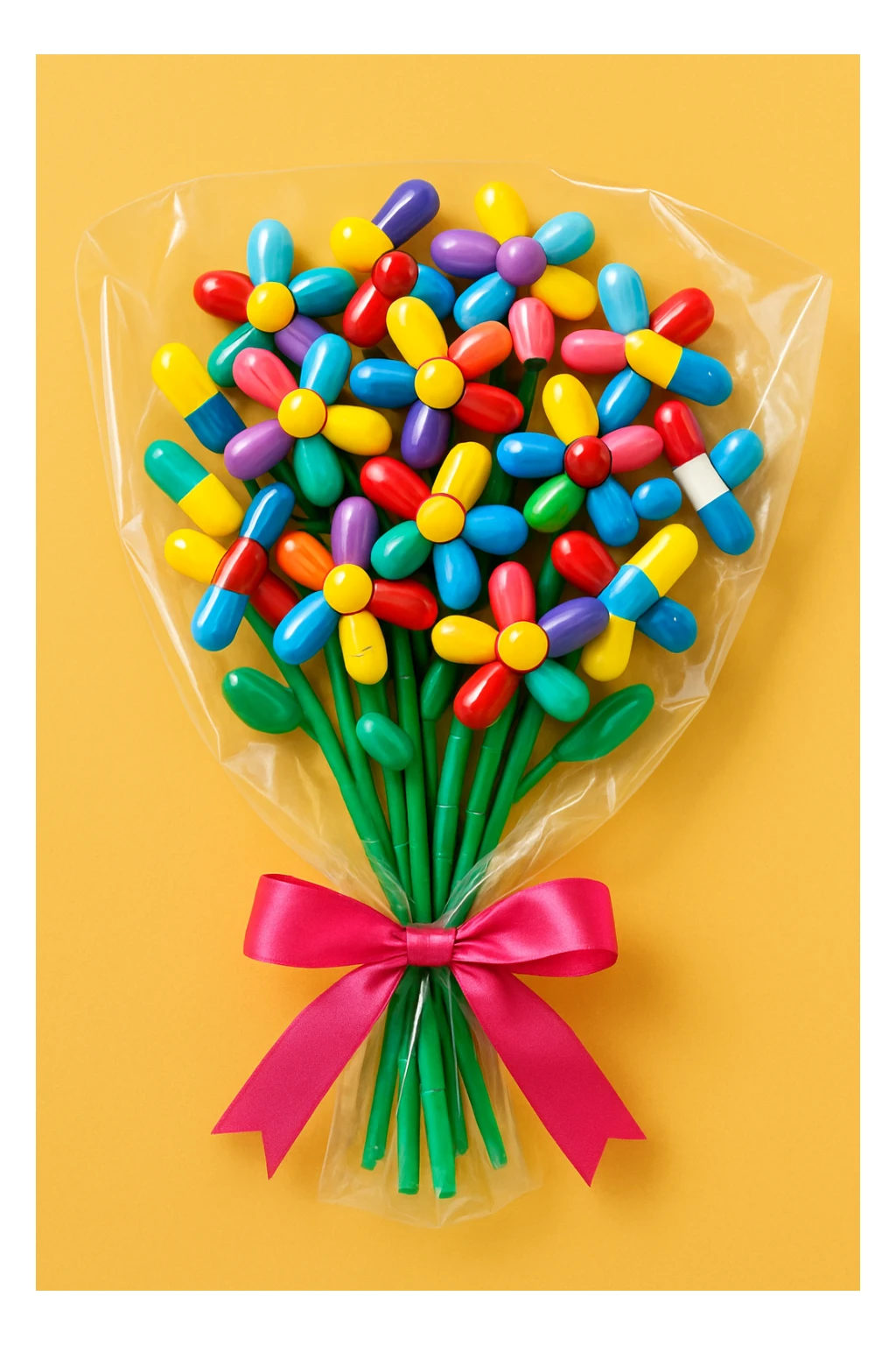 a bouquet made of colorful pills, whimsical and bright, in a clear wrapper sticker