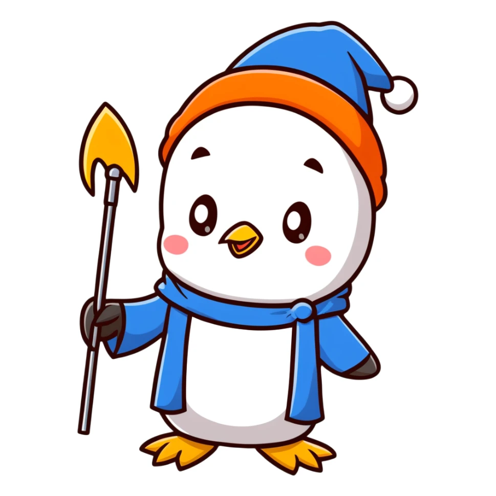 cartoon penguin wizard with a blue robe and sparkly hat, holding a glowing staff sticker