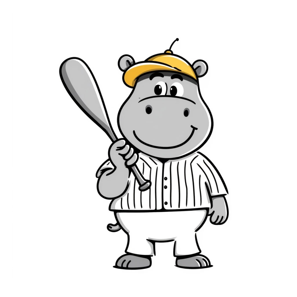 hippo holding a baseball bat, wearing a yellow helmet, pinstripes outfit sticker