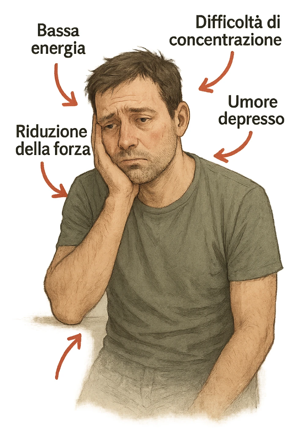  un uomo con espressione affaticata, circondato da frecce rosse che evidenziano sintomi di testosterone basso. Le frecce sono accompagnate da scritte in italiano come “Bassa energia”, “Difficoltà di concentrazione”, “Umore depresso”, “Riduzione della forza”. L’ambiente è semplice, con colori neutri e dettagli realistici. sticker