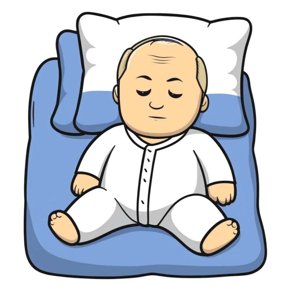 Vladimir Putin in pajamas lying on a memory foam pillow, testing it with a relaxed expression sticker