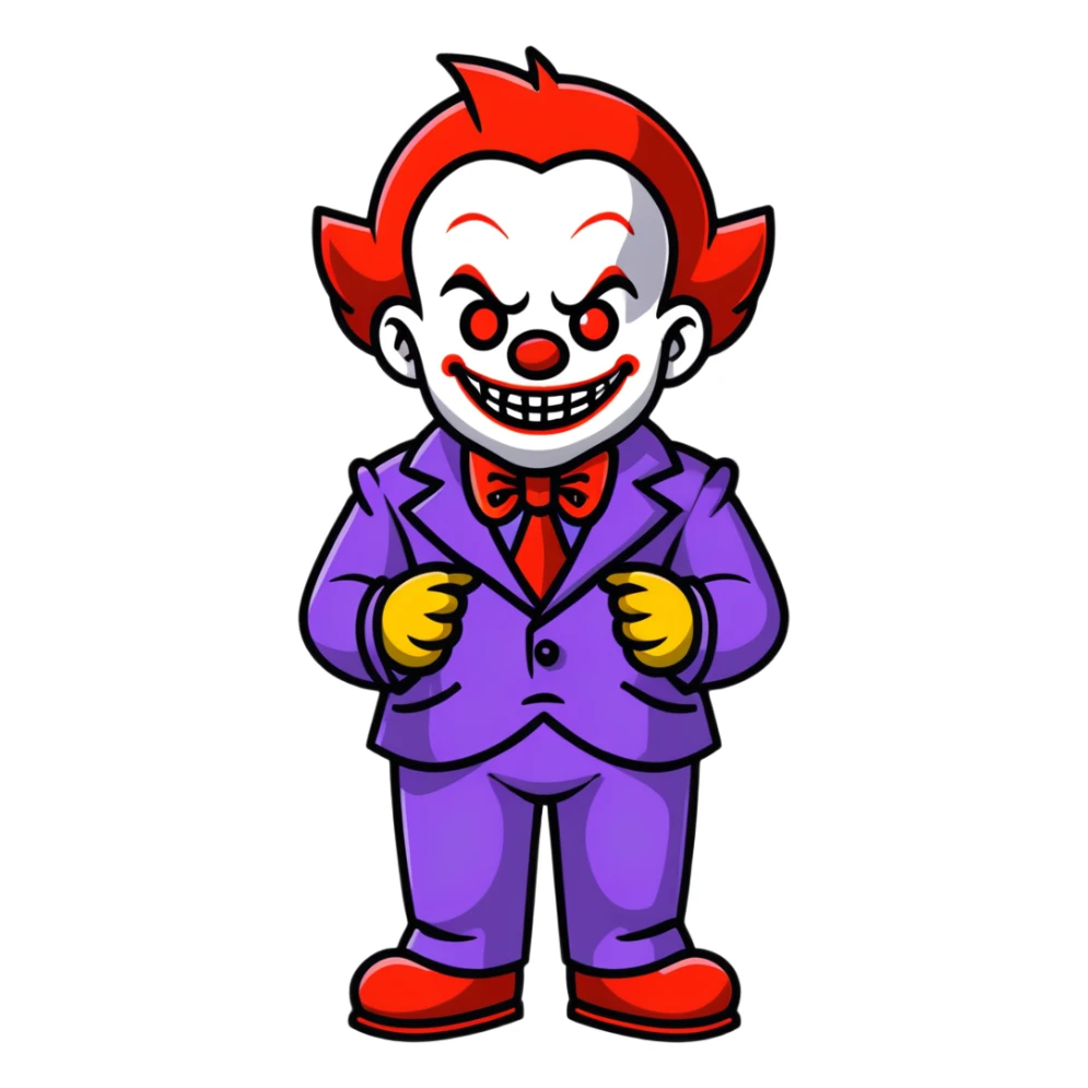demonic clown wearing a leisure suit with accessories sticker