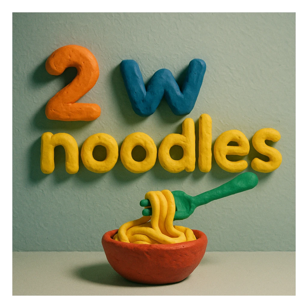 text: 2 w noodles in claymation style sticker