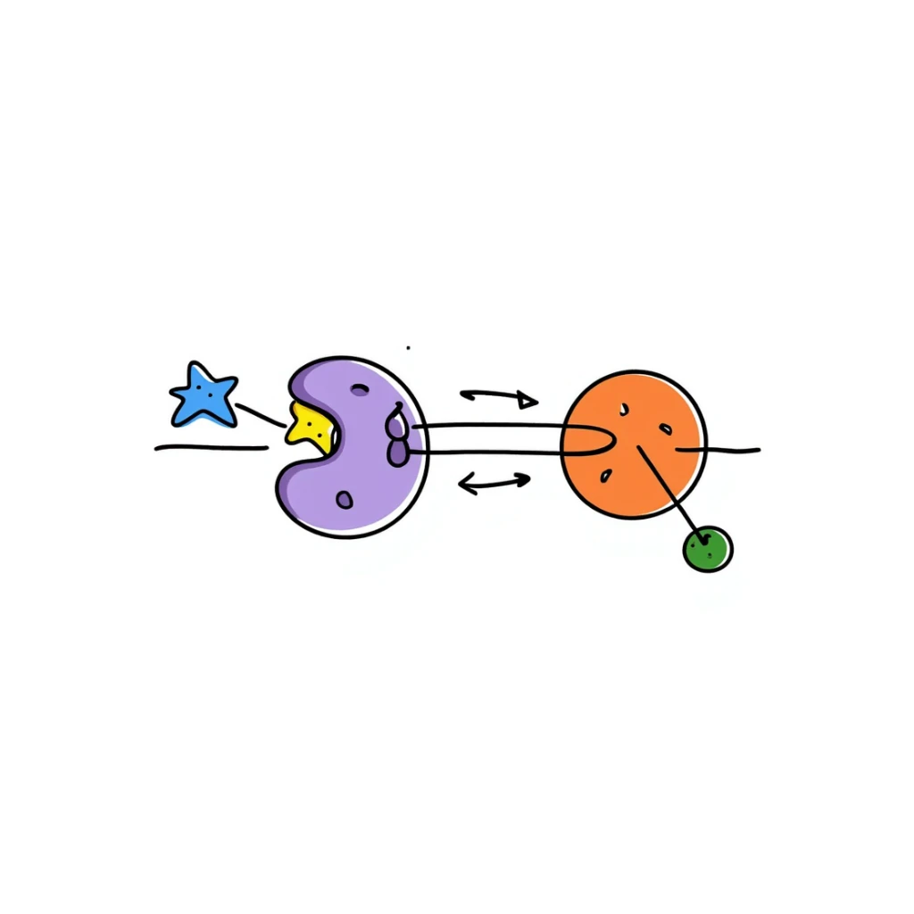 Hormone action diagram: blue starred hormone molecule binding to yellow receptor on purple cell membrane, triggering green signaling cascade inside orange cell. Hand-drawn anatomical illustration with arrows showing signal pathway and resulting cellular changes. sticker