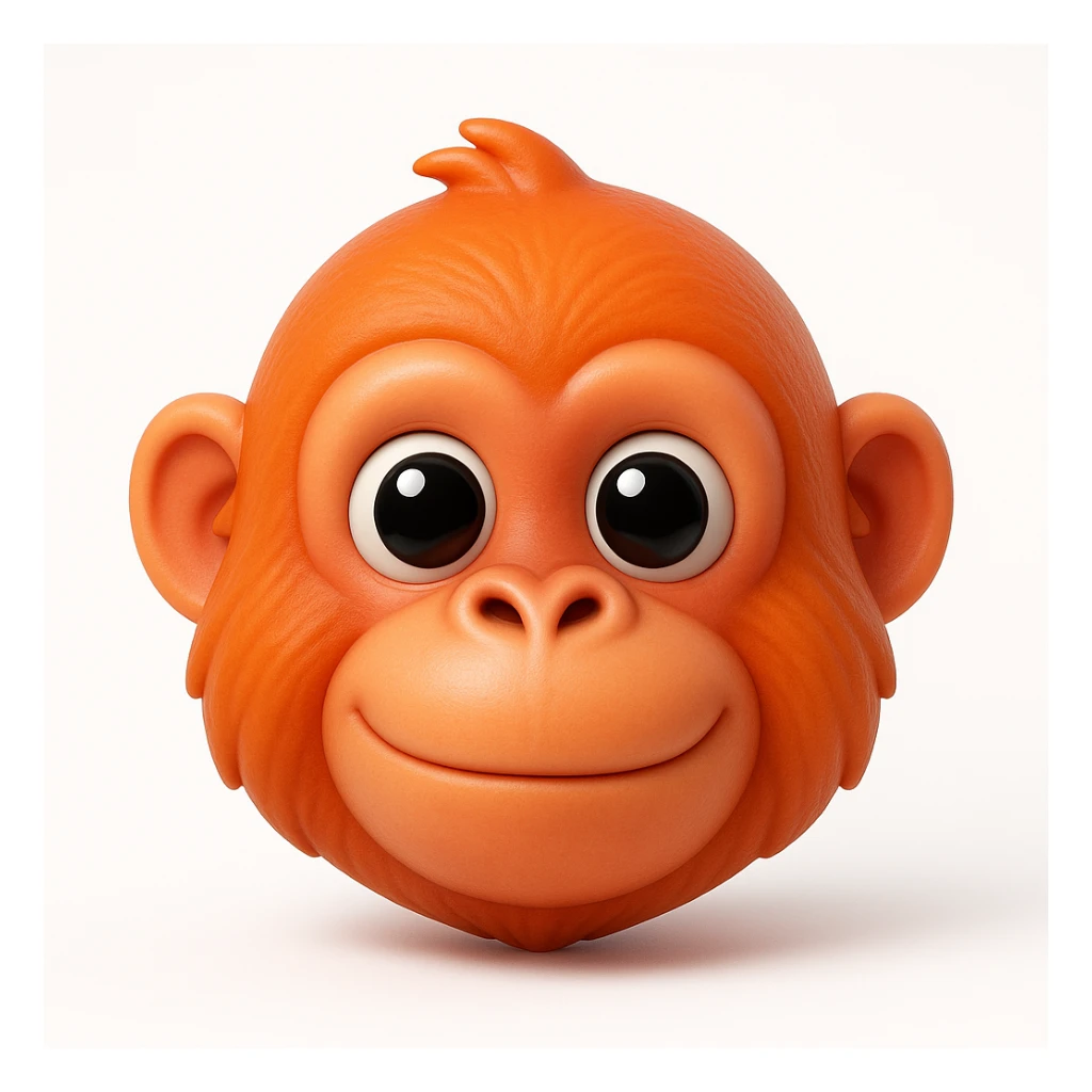 3D rendered emoji-style illustration, glossy plastic-like materials, soft ambient occlusion, rounded forms, high-detail textures, clean white background, Apple emoji aesthetic, subsurface scattering on skin, vibrant saturated colors, cute proportions with large expressive eyes, studio lighting with soft shadows, orangoutang  sticker