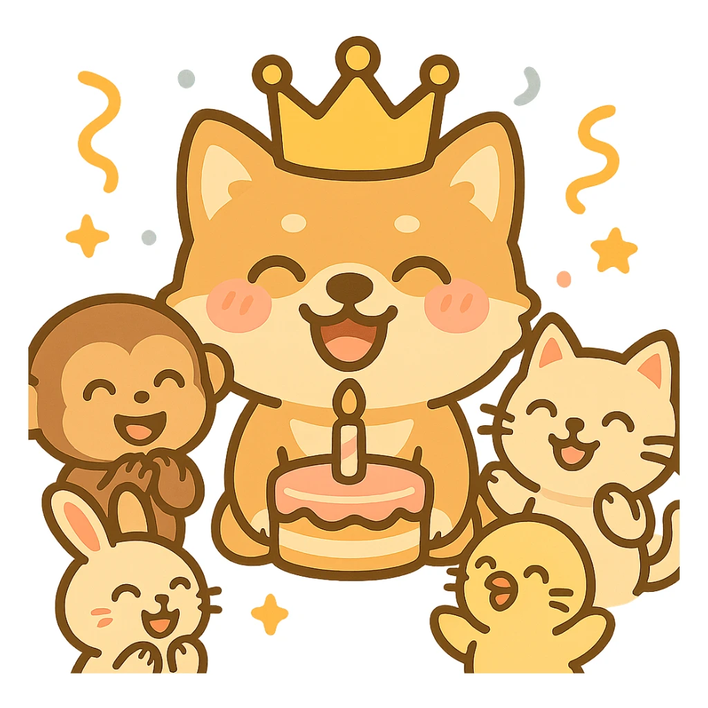 Add party guests around the dog, keeping the chibi sticker style, festive and cheerful, with no background. sticker