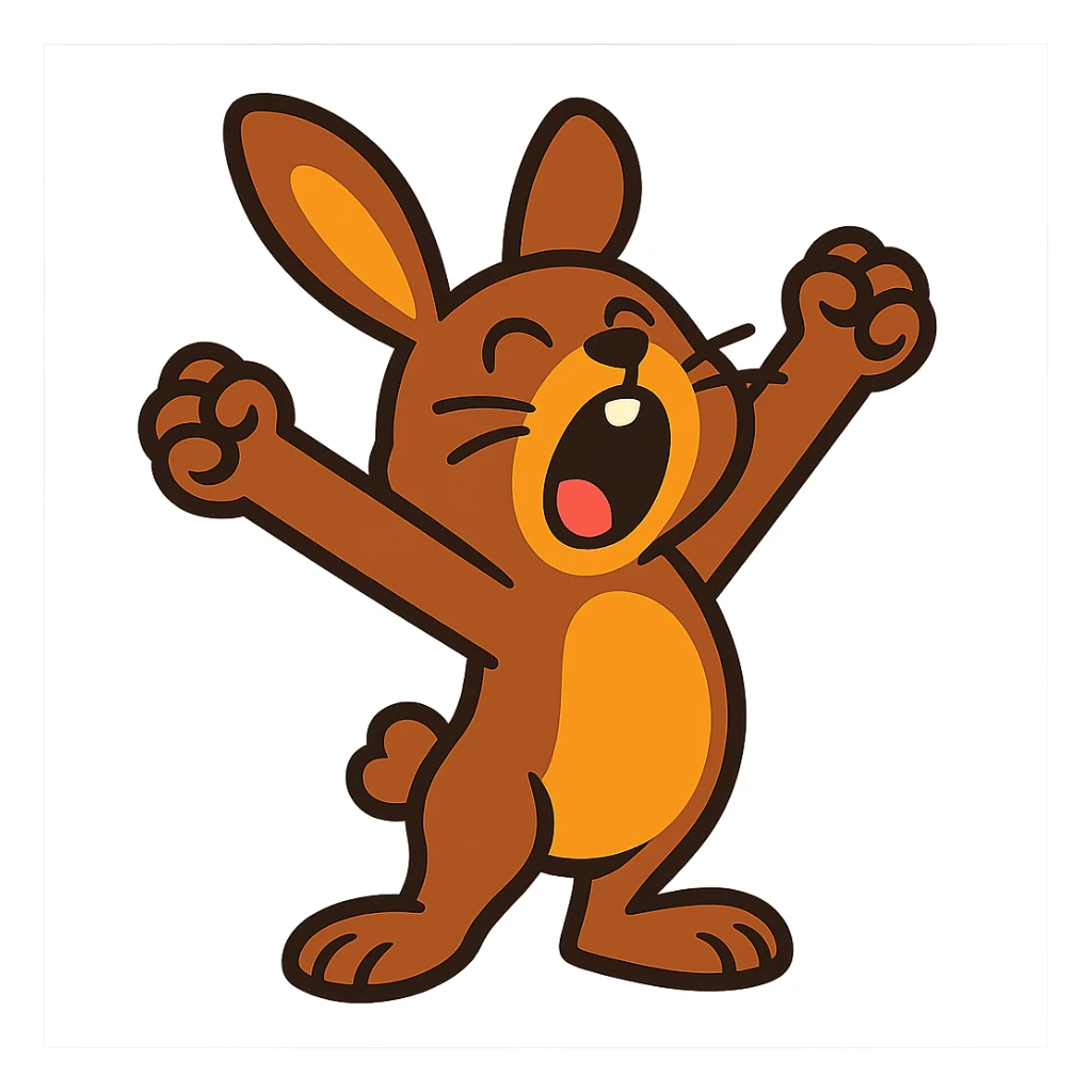 brown bunny stretching arms while yawning, vibrant-toon style sticker