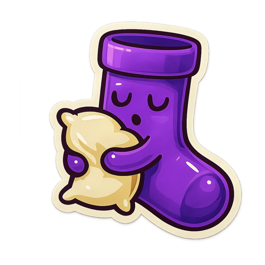A purple sock with a sleeping face, holding a pillow, representing sleep or relaxation. sticker