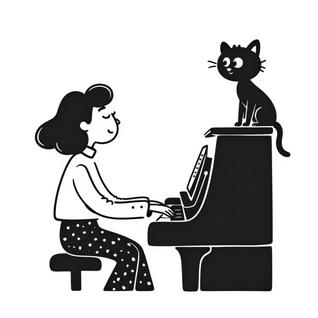 woman playing piano while her cat sits on top of the piano sticker
