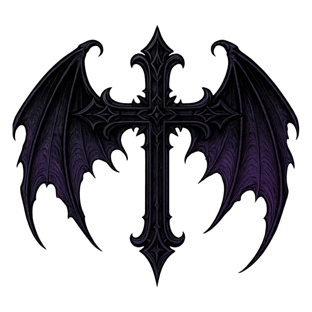 gothic style goth cross with bat wings in black and purple sticker