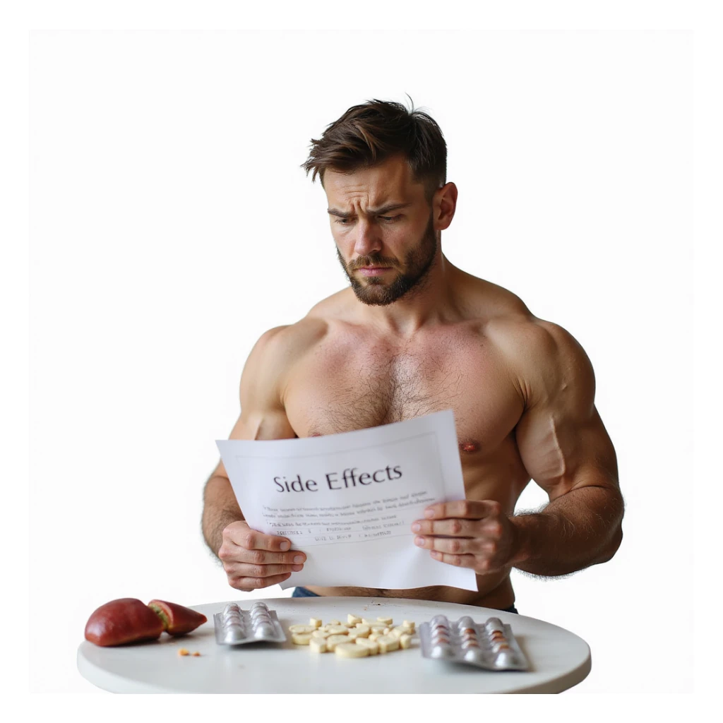 inexperienced bodybuilder consulting a sheet with side effects, blister packs of pills and symbol of inflamed liver beside him, worried expression, isolated on white background sticker