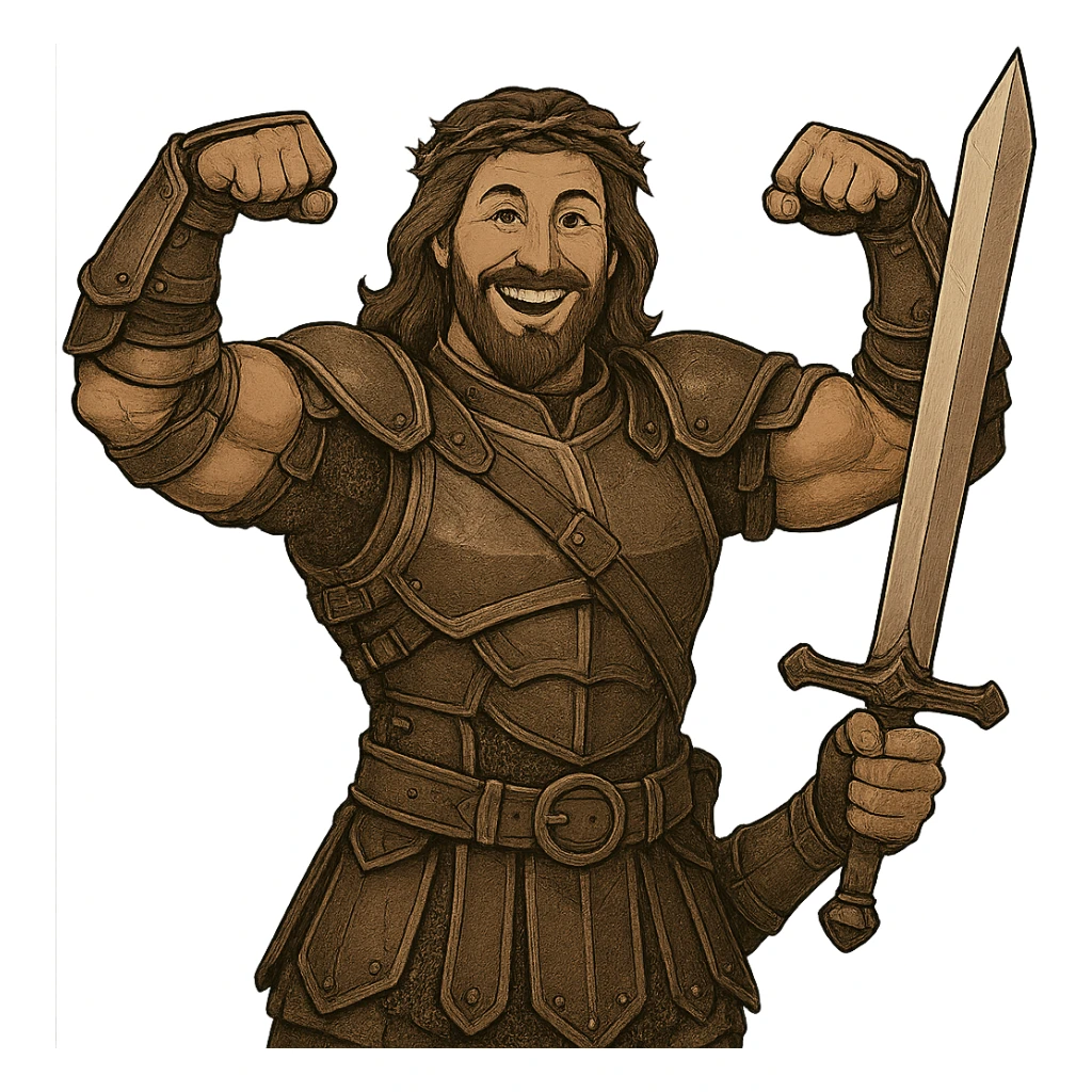 Transform the figure of Jesus into a warrior while keeping the muscular body and smile. Add detailed warrior armor, a sword, and a heroic pose. Maintain the original style and ensure the background is transparent. sticker