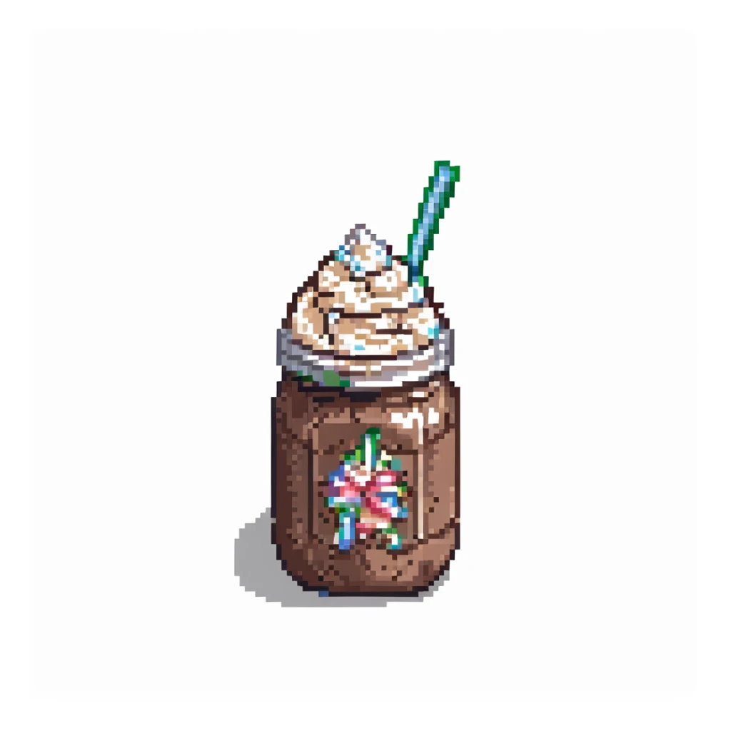 Add whipped cream on top of the chocolate milkshake, keep the pixel art style. sticker