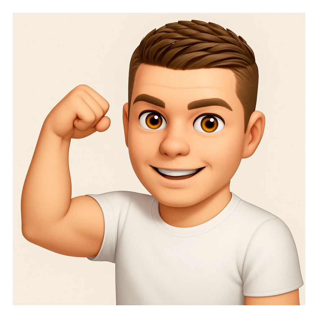 Based on these photos, make an emoji with facial features intact, man in white t-shirt, showing muscles sticker